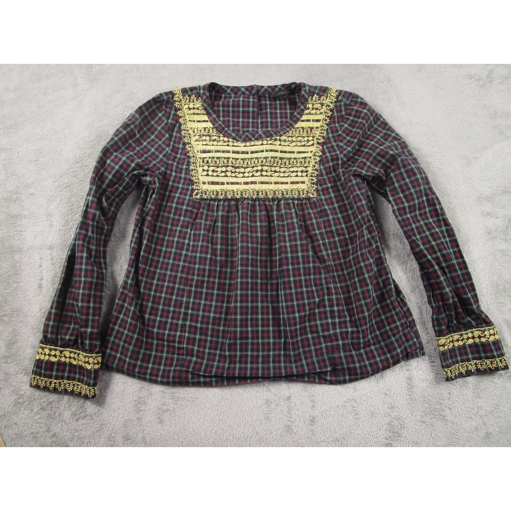 J Crew Top Womens XS Plaid Long Sleeve Peasant Blouse Preppy‎